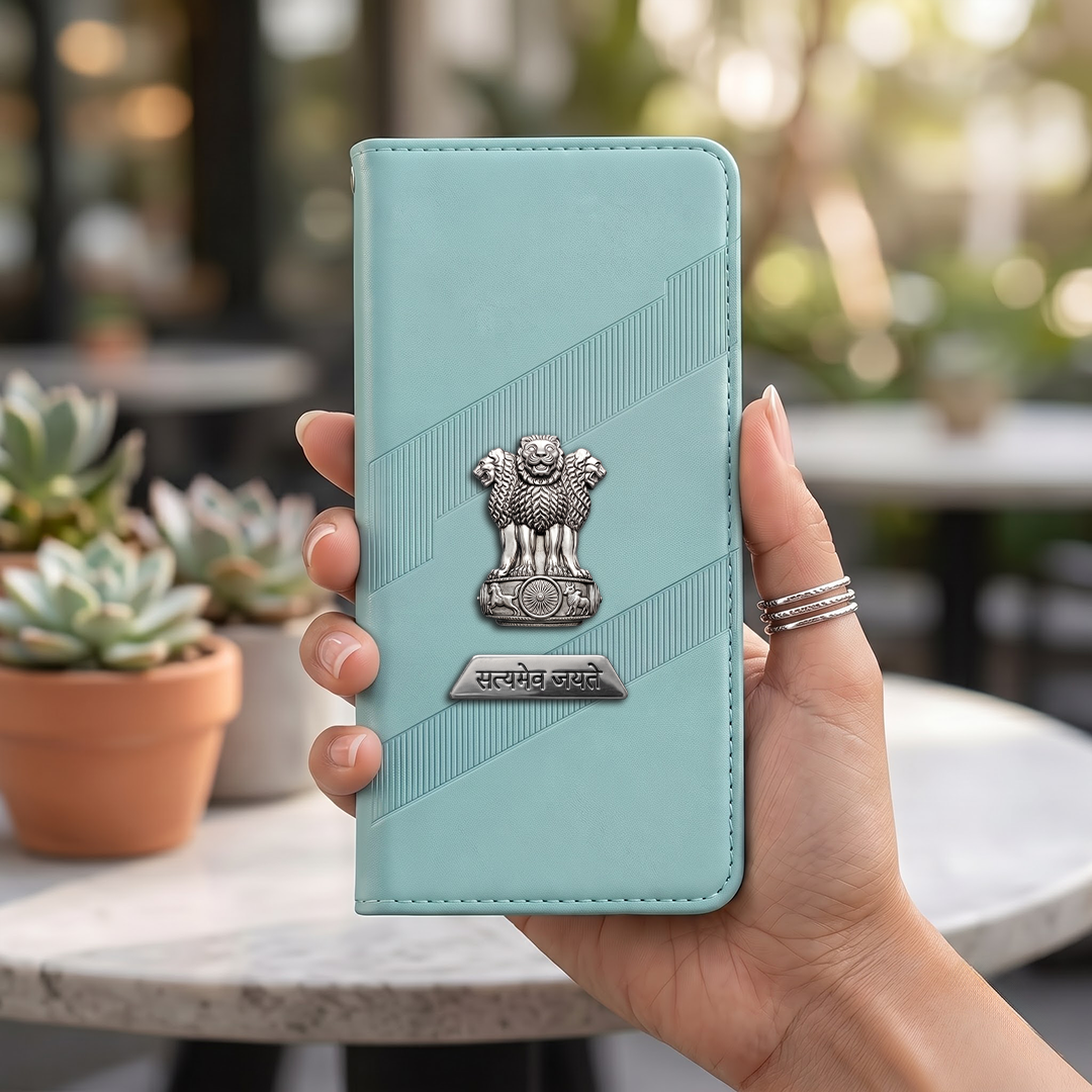 Oppo Reno 13 5G Metal Satyamev Jayate 2-in-1 Emblem Magnetic Flip Wallet Case
