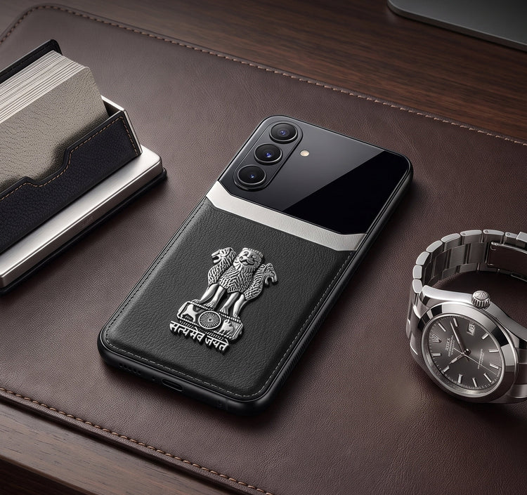 Samsung Galaxy M56 5G Satyamev Jayate 3D Metal Leather Back Case