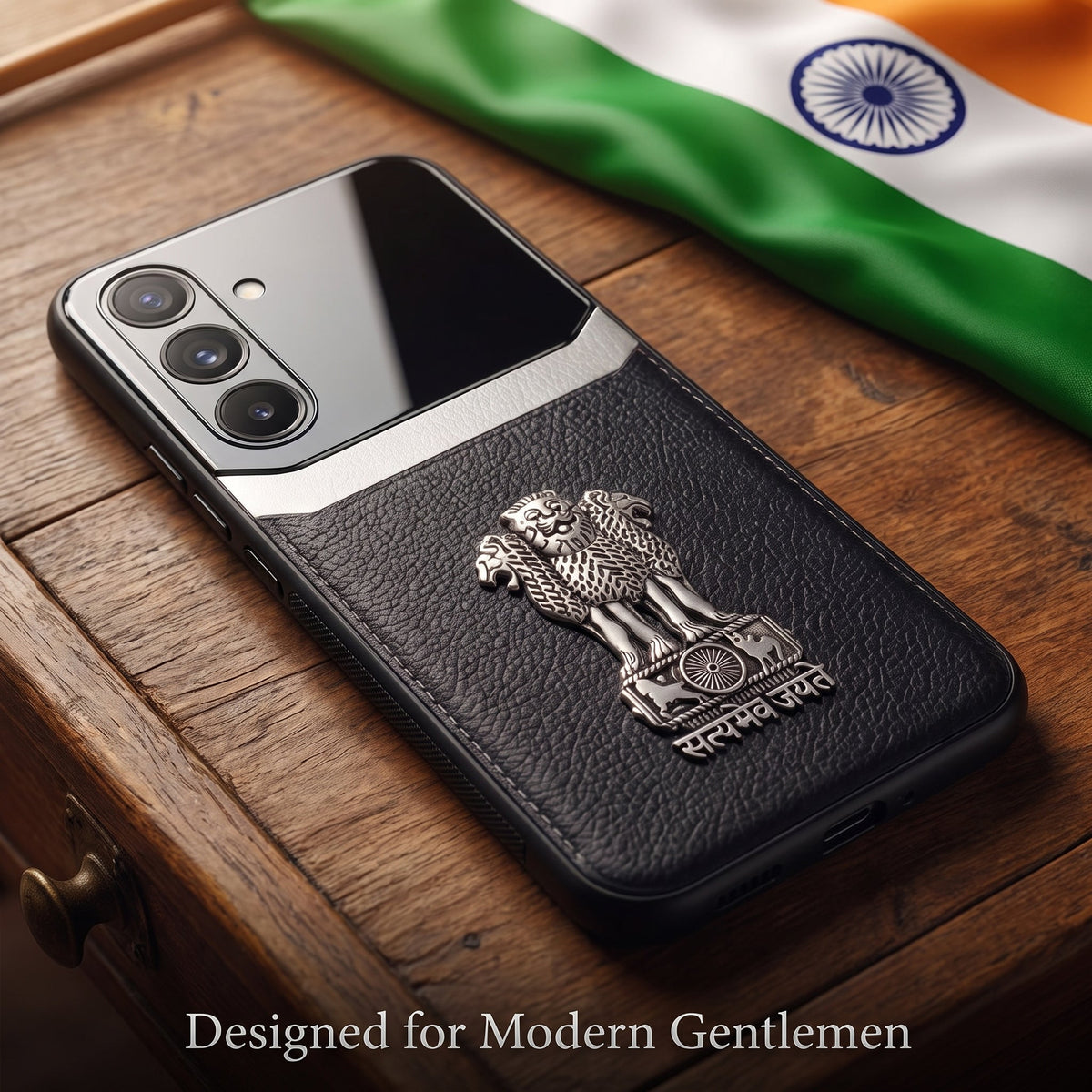 Samsung Galaxy M56 5G Satyamev Jayate 3D Metal Leather Back Case