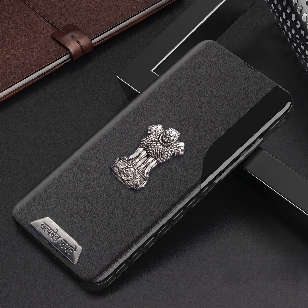 Vivo Y200 Pro 5G Metal Satyamev Jayate 2-in-1 Emblem Half-Window Leather Flip Case